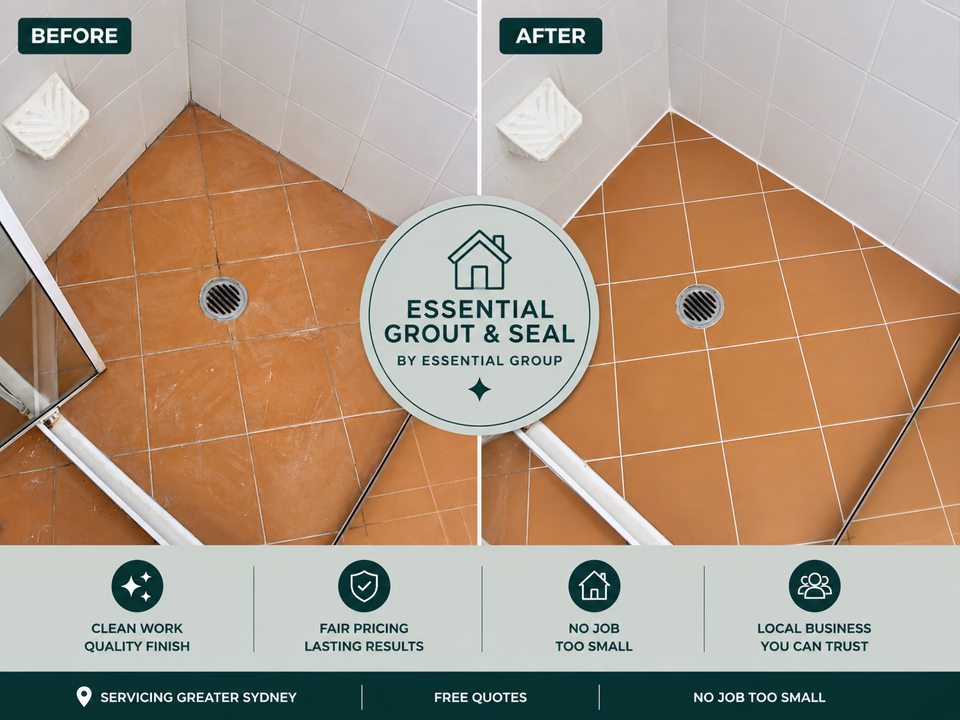Bathroom floor regrout before and after — grey tiles with grimy grout lines renewed to bright white