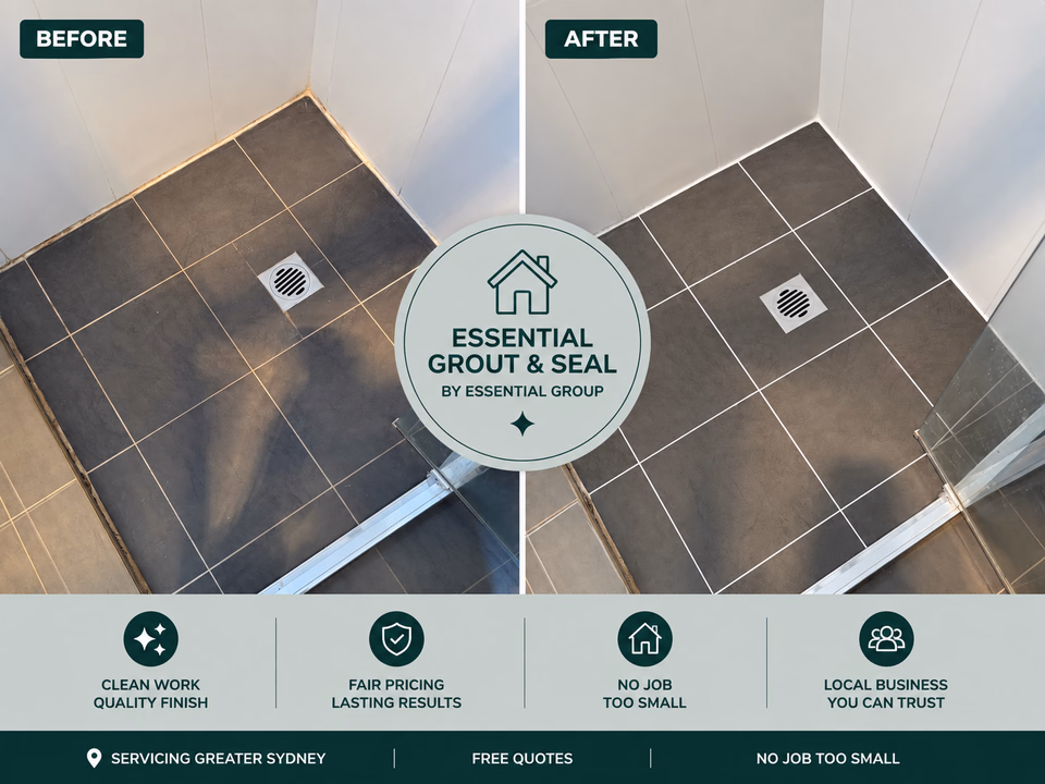 Blue-grey shower floor regrout before and after — discoloured grout replaced around a brass floor waste