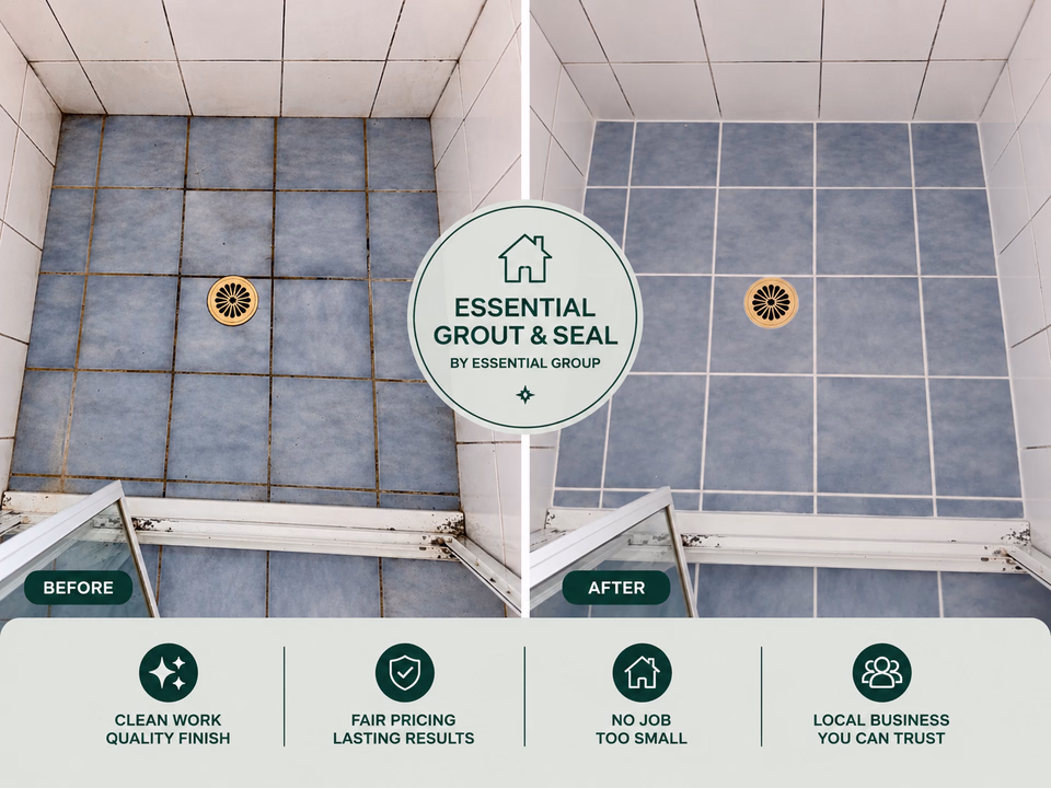 Cream shower floor regrout before and after — dark, dirty grout lines renewed to a fresh white finish