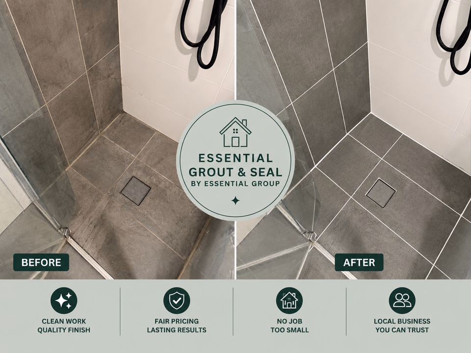 Dark grey shower floor regrout before and after — mouldy joints against the walls regrouted in white