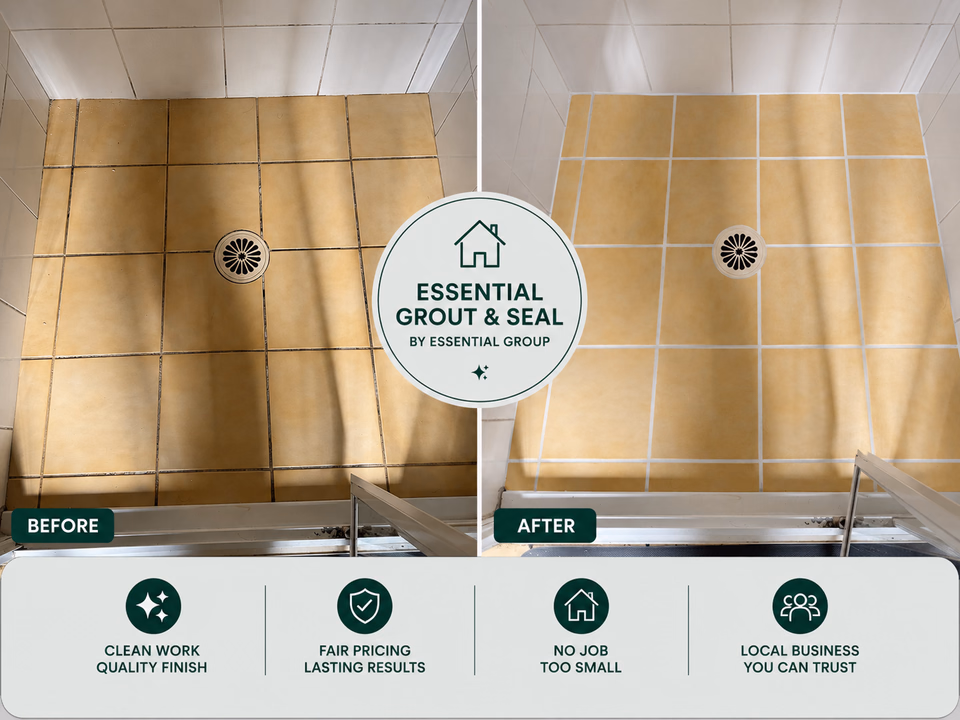 Large-format cream tile regrout before and after — floor-to-ceiling shower tiles with renewed grout
