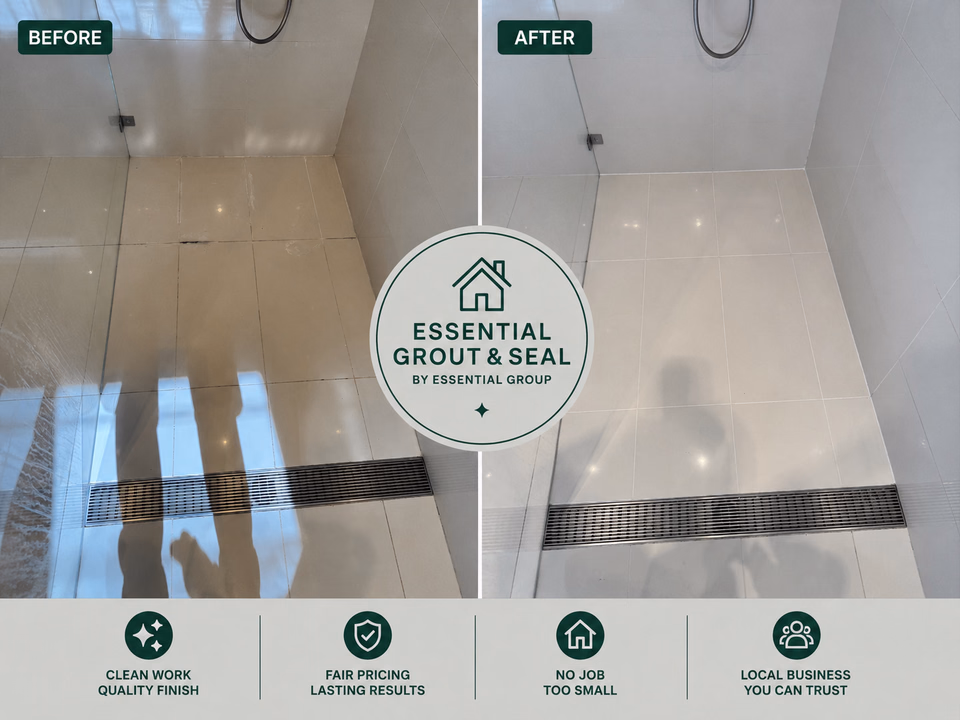 Glossy white shower restoration before and after — stained tiles and grout lines cleaned and regrouted