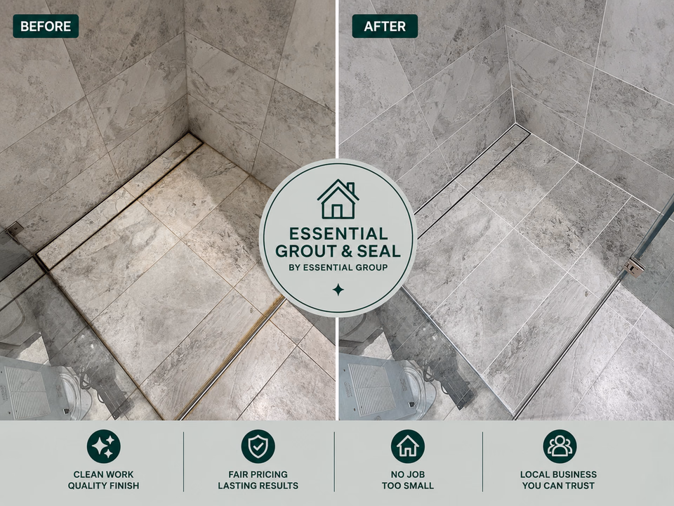 Shower regrout before and after — marble-look wall and floor tiles with fresh, crisp white grout lines