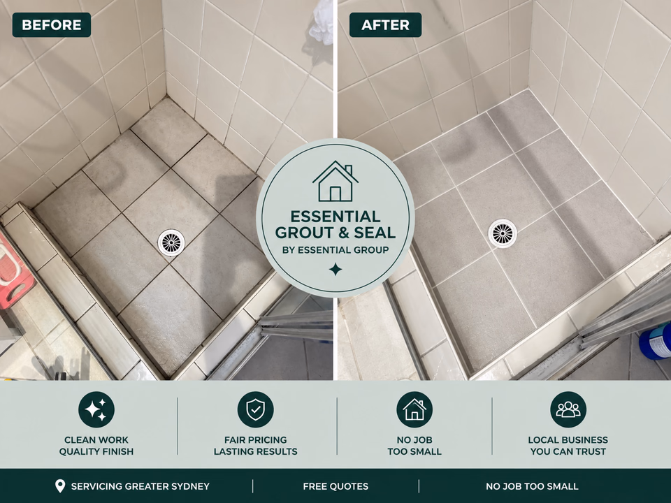 Blue-grey shower regrout before and after — mouldy floor and corner grout replaced and sealed