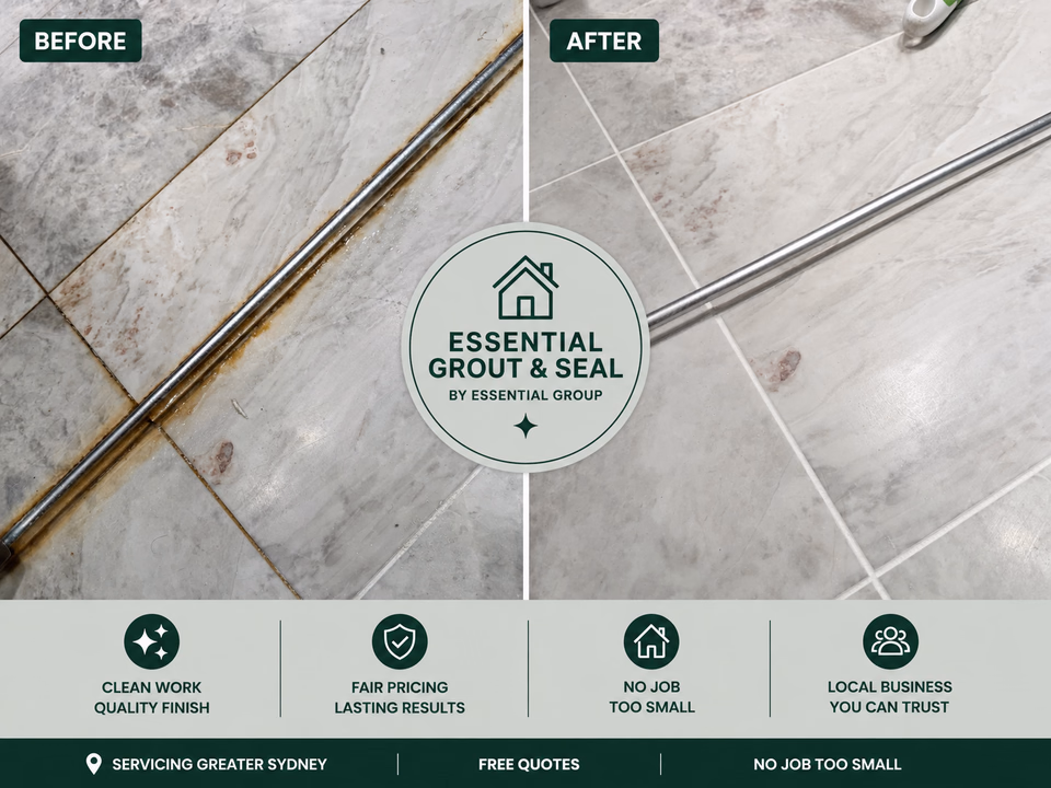Shower mould removal and regrout before and after — blackened wall and floor joints restored to bright white