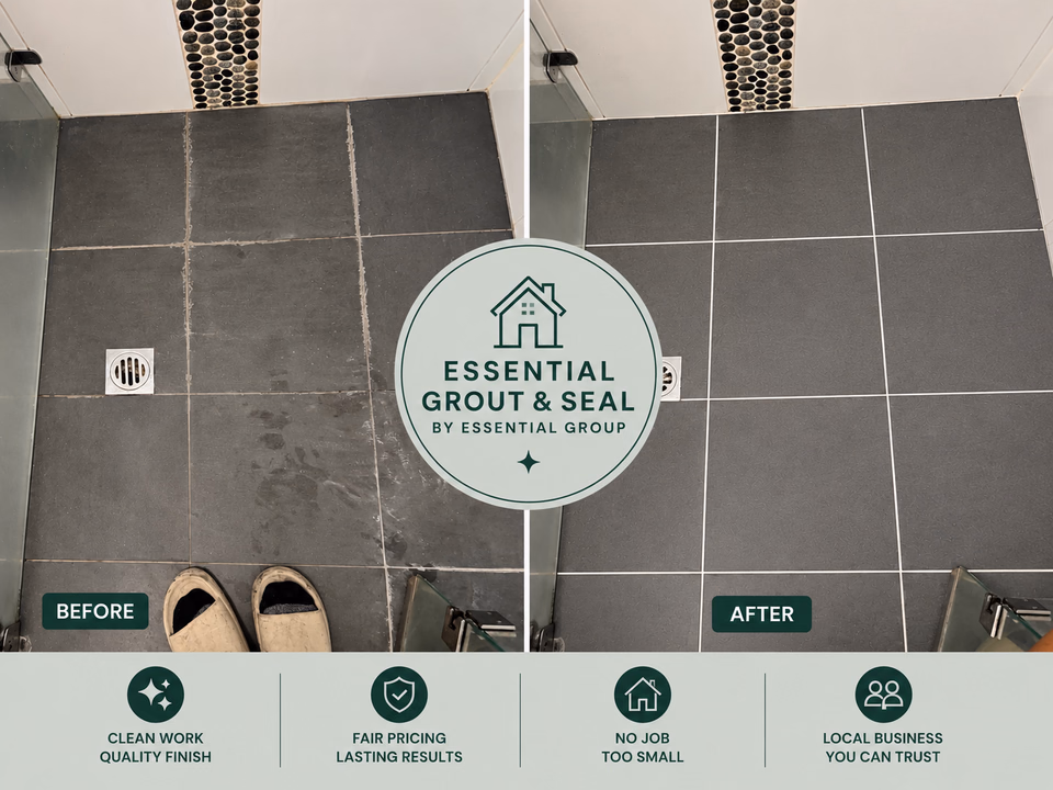 Slate-look shower floor regrouted before and after — stained brown grout replaced with uniform light grey