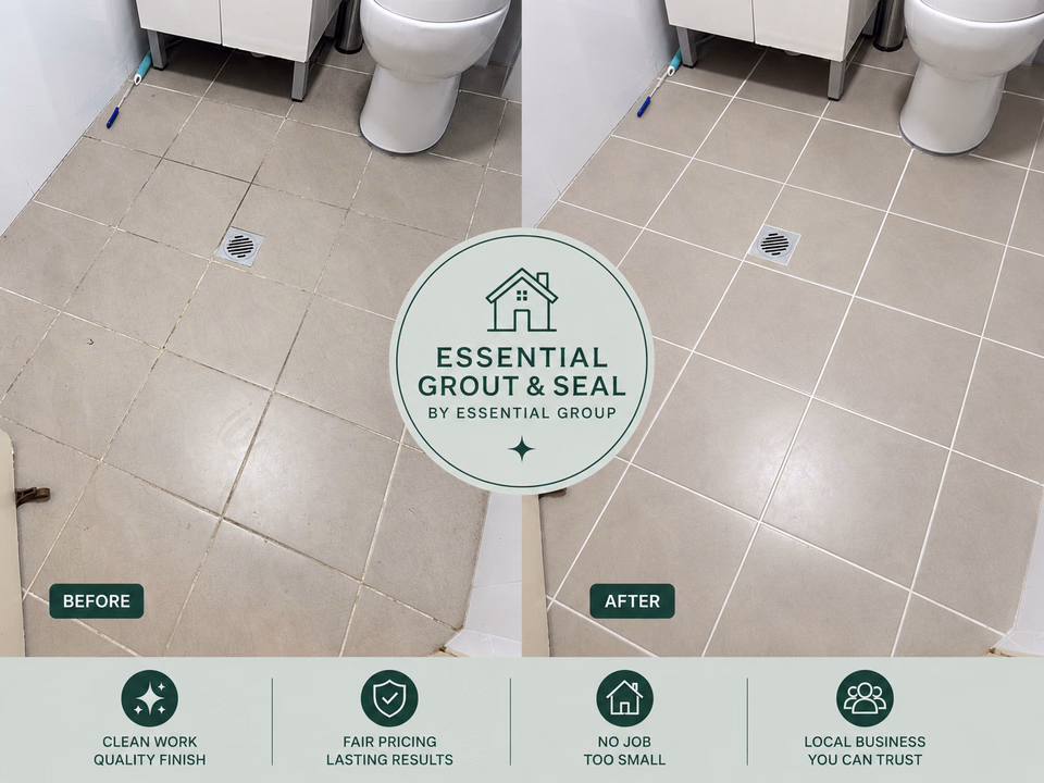 Terracotta shower floor regrout before and after — cracked, stained grout replaced with mould-resistant white