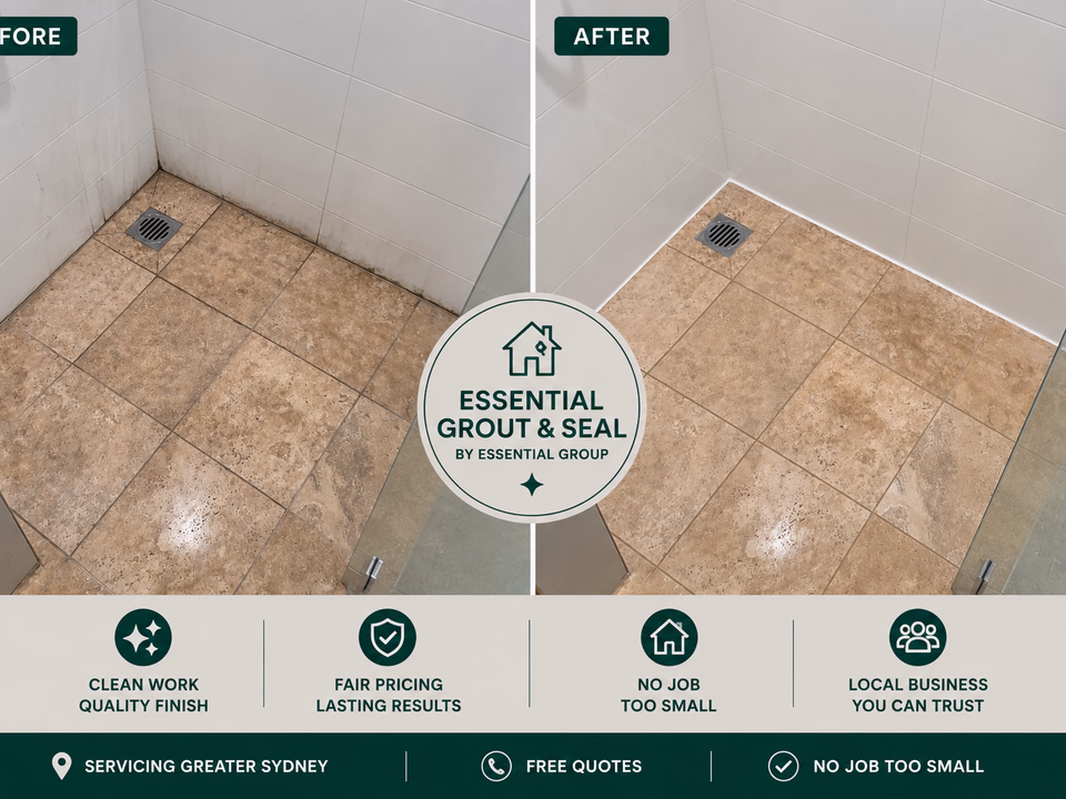 Shower regrout before and after — travertine-look floor with mouldy corner joints replaced by clean white grout
