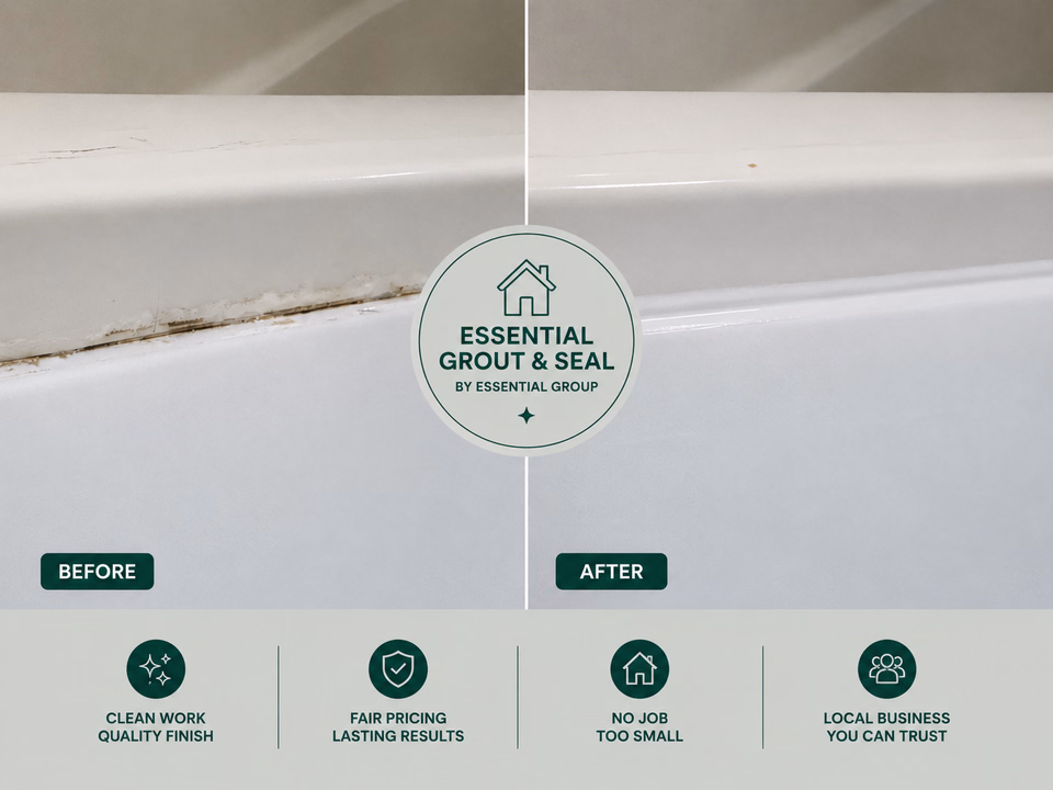 Bath resealing before and after — cracked, mouldy sealant around the bath rim replaced with fresh silicone
