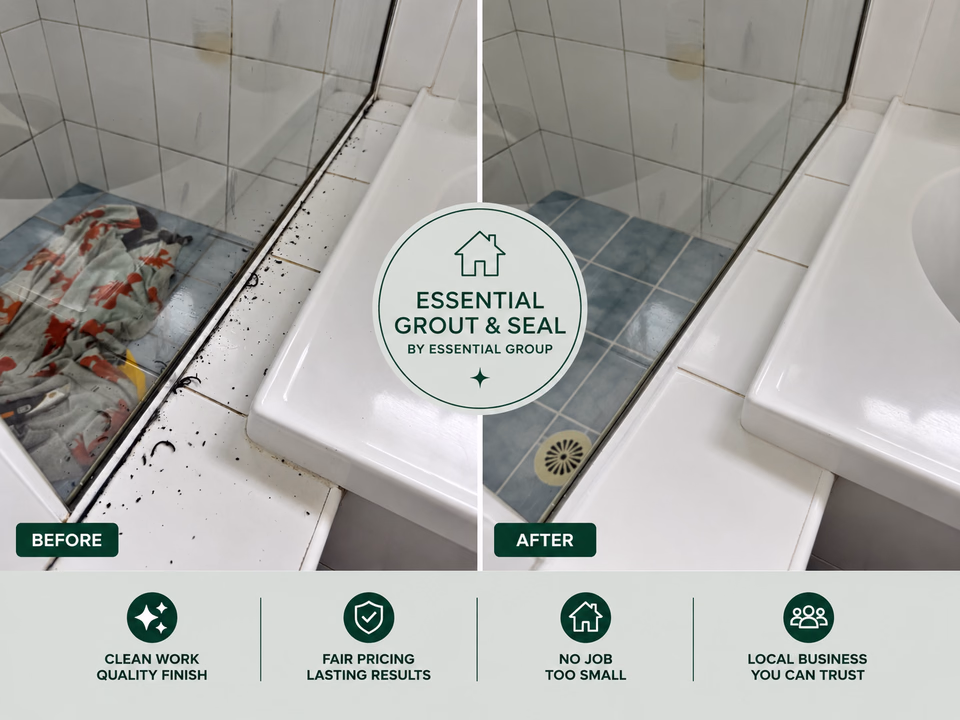 Shower screen channel clean and reseal before and after — black mould debris removed and joints sealed